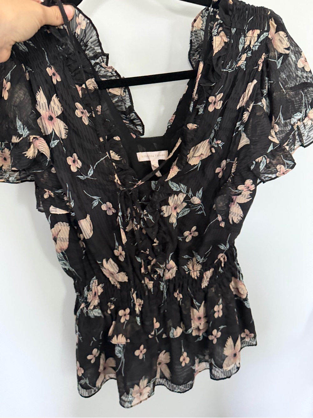 Floral Ruffle V-Neck Women's Top - Black with Blush Flowers
